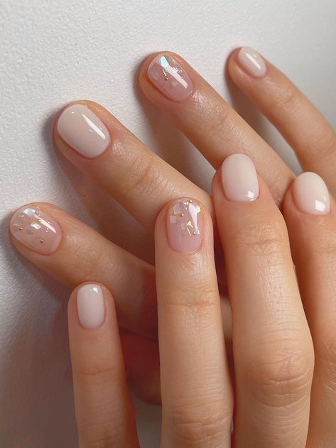 Short Gel Nails with Pearl Accents
